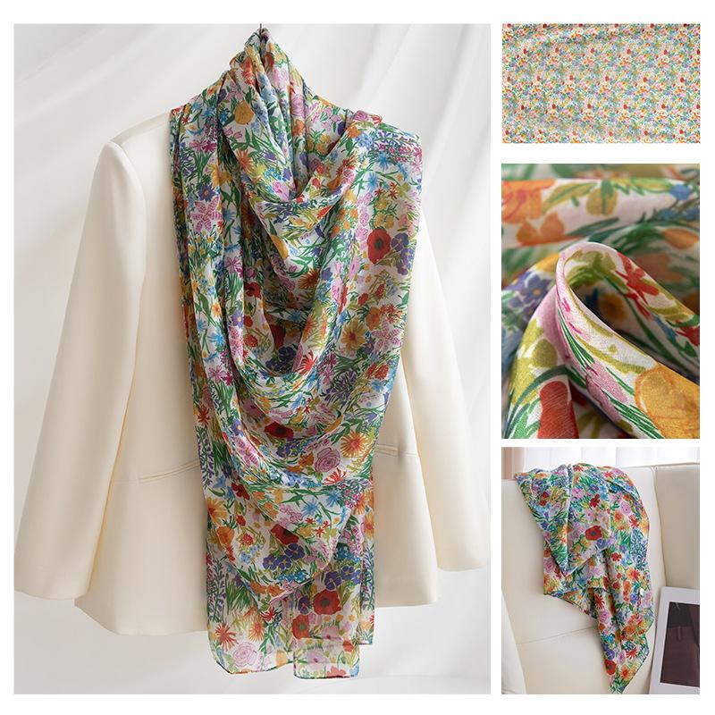 Long Strips of Silk Scarf  High-end Sense Mulberry Silk Scarf  Women's Fresh Small Floral Thin Style  Atmosphere  Big Shawl