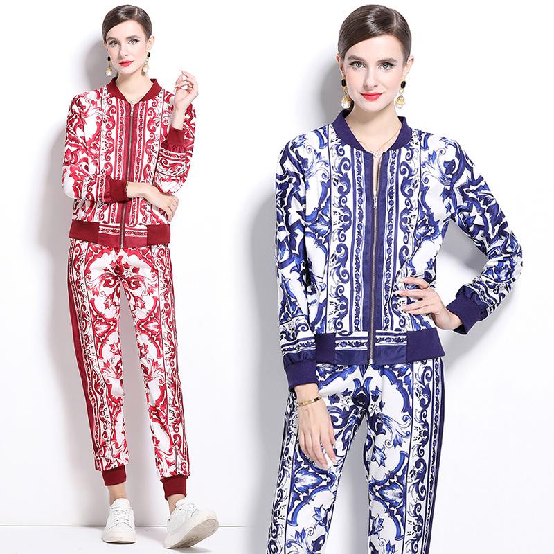 Spring Autumn Fashion Designer Print Runway 2 Piece Set Women Zipper Jacket Coat And Elastic Waist Pocket Pencil Pant Suit