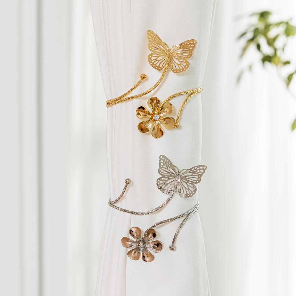 2pcs Elegant Butterfly & Floral Design Curtain Tiebacks - Minimalist Metal Curtain Holdbacks with Intricate Cut-Out Patterns for Bedroom