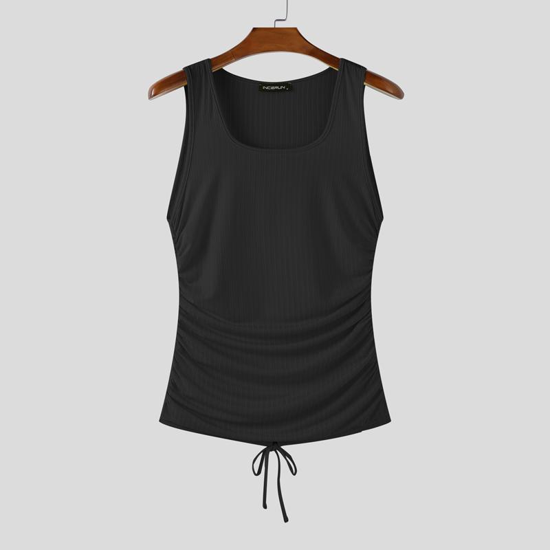 

INCERUN Men Sleeveless Side Drawstring Casual Ruffled Fitted Rib Tank Tops L чёрный