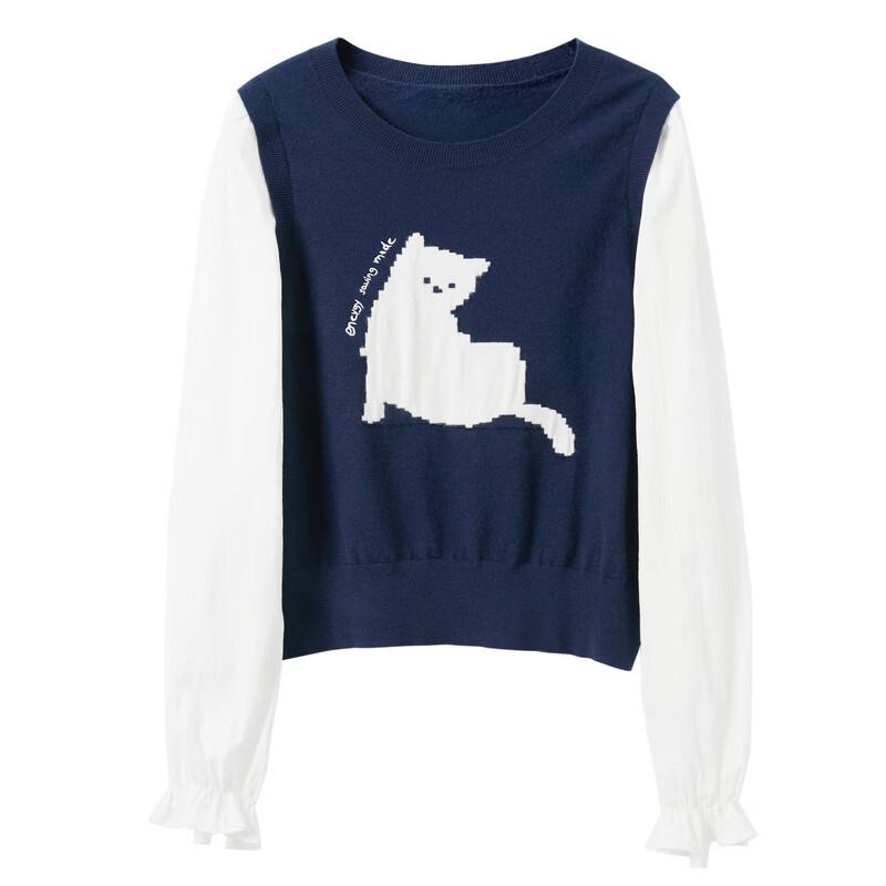 Sancai 2026 Spring Women's Faux Two-Piece Knit Pullover with Cat Patch