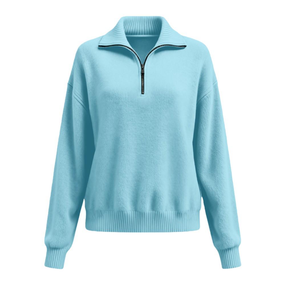 Pull en tricot pour femme 2026 à fermeture éclair et col revers - Coupe ample à manches longues pour un style décontracté