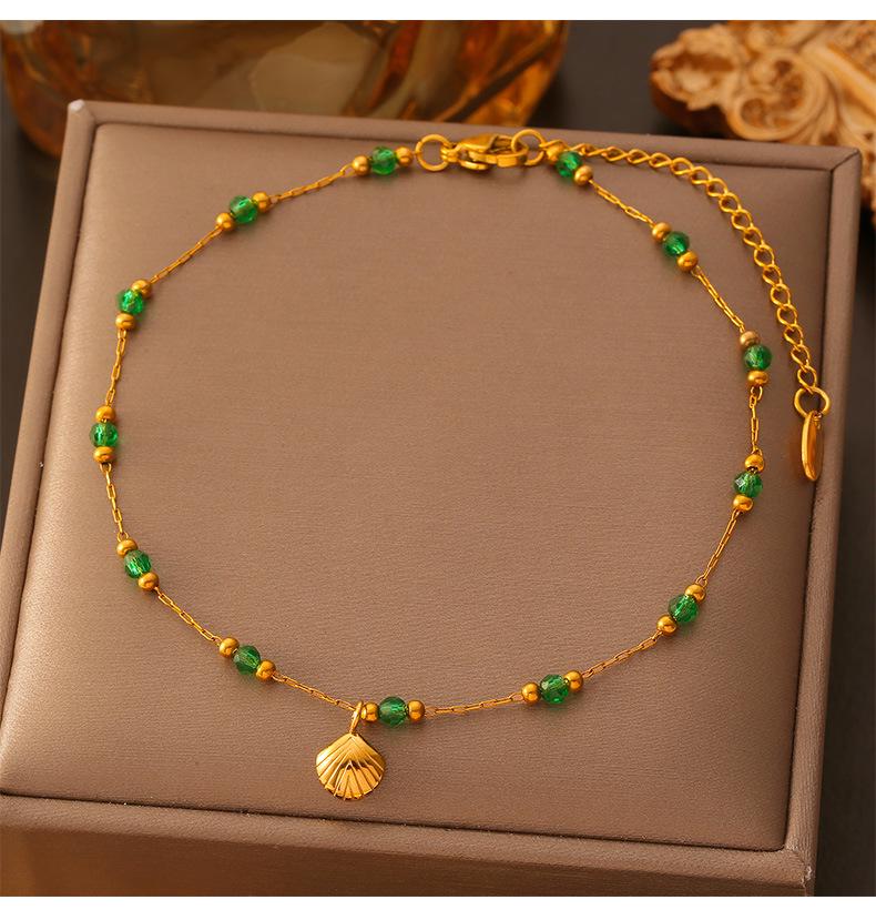 Retro French Green Beaded Gold-Plated Titanium Anklet with Shell Pendant
