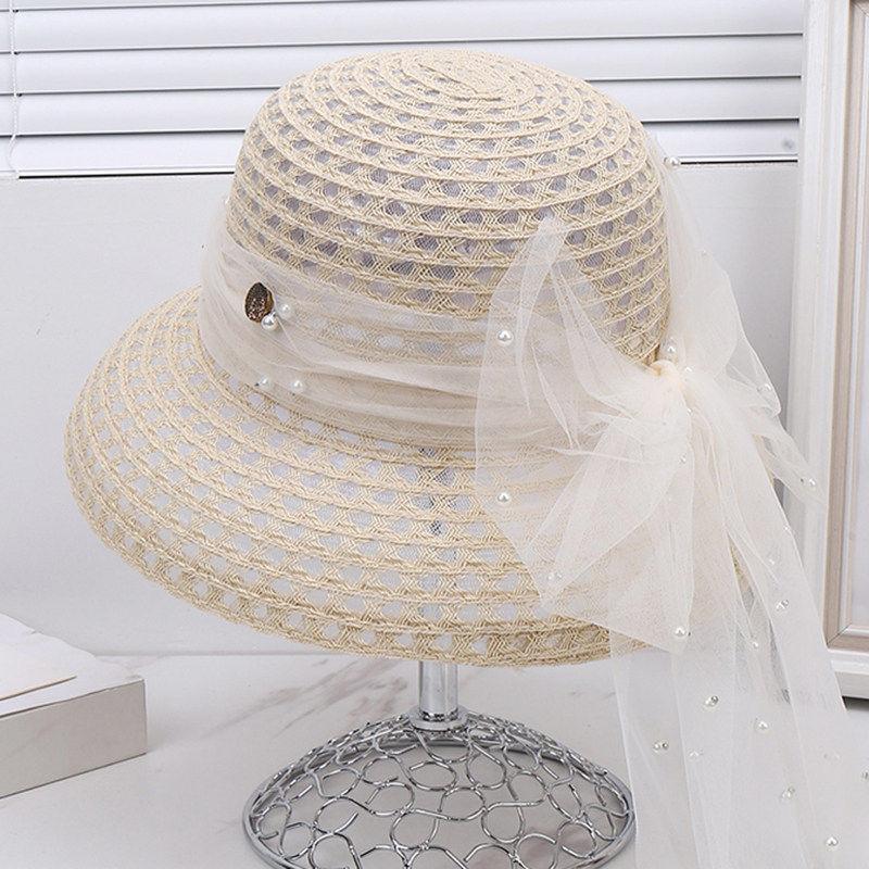 French Large Brim Woven Soft Straw Hat Women's Spring and Summer Seaside Beach Photo Visor Elegant Bow Sunscreen Hat