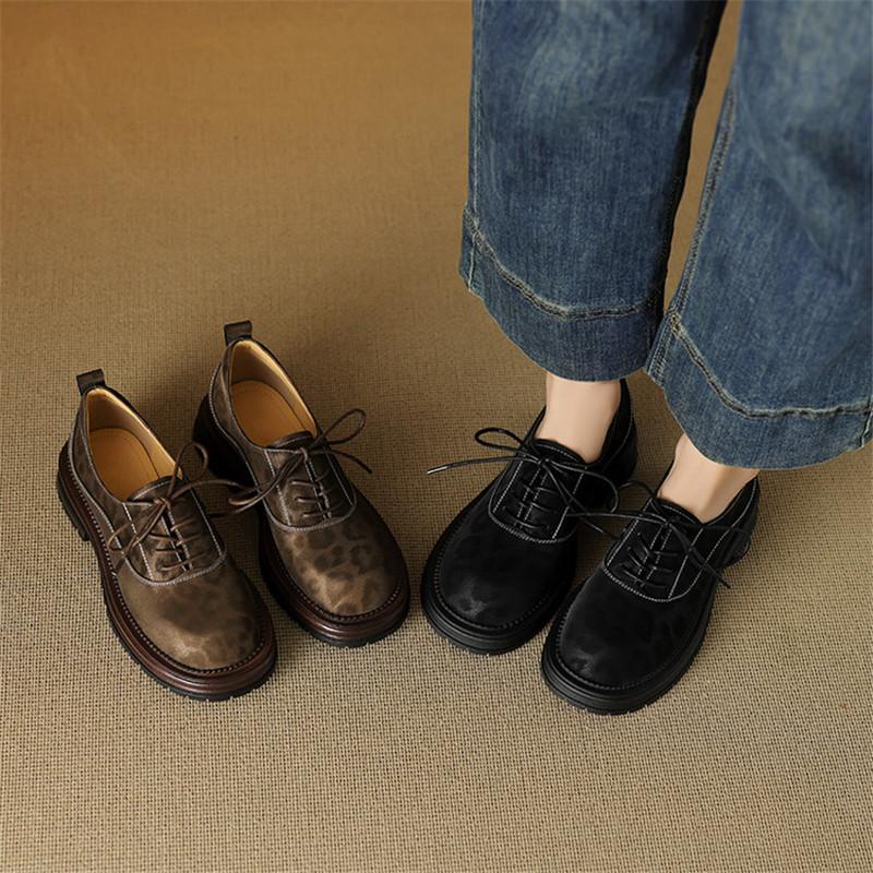 Fashion New Spring Genuine Leather Shoes for Women Fashion Leopard Print Round Toe Women Pumps Shoes Chunky Heels Loafers Platform Shoes