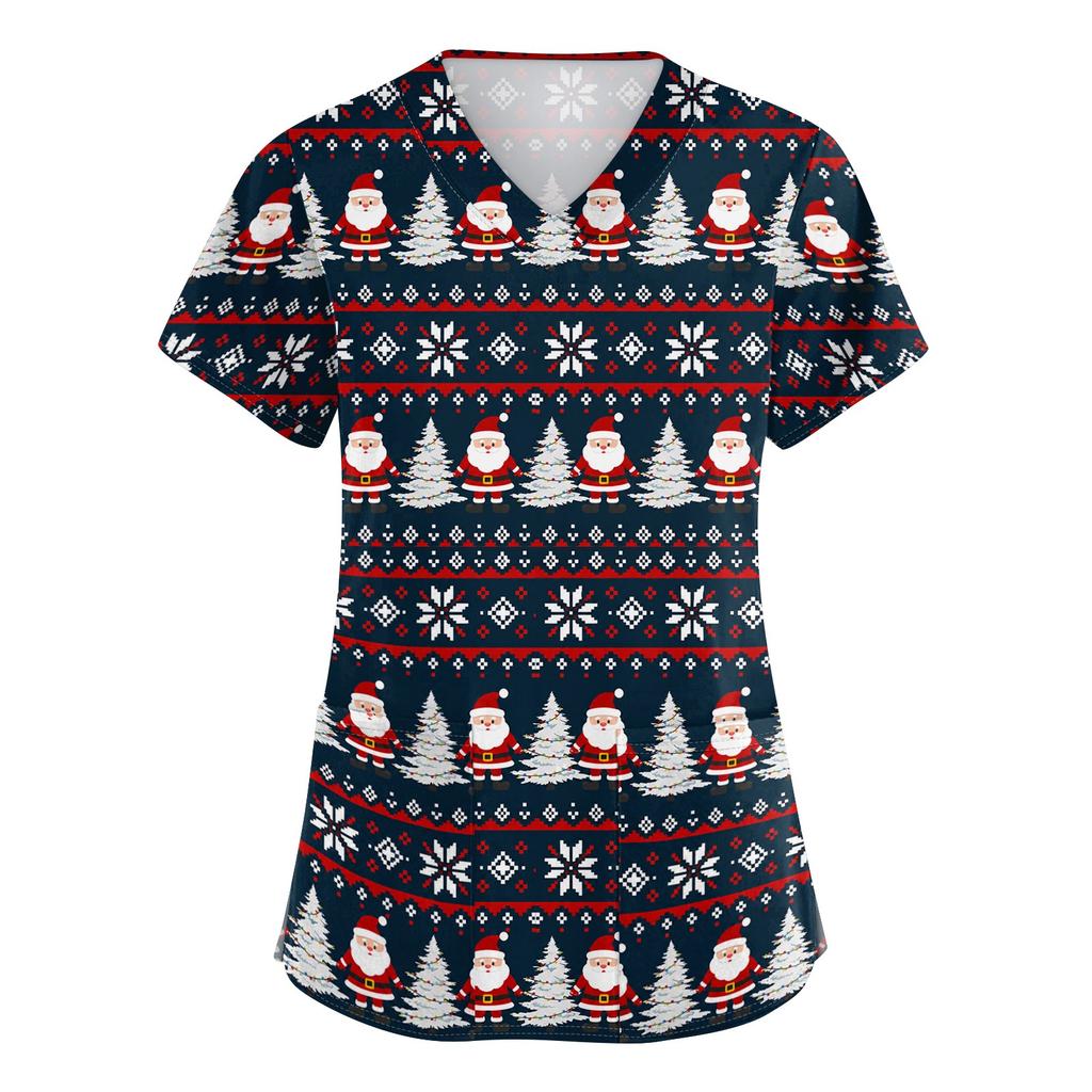 Women's V-Neck Print Scrub Top with Pockets and Side Slits, Short Sleeve Caregiver Uniform Shirt
