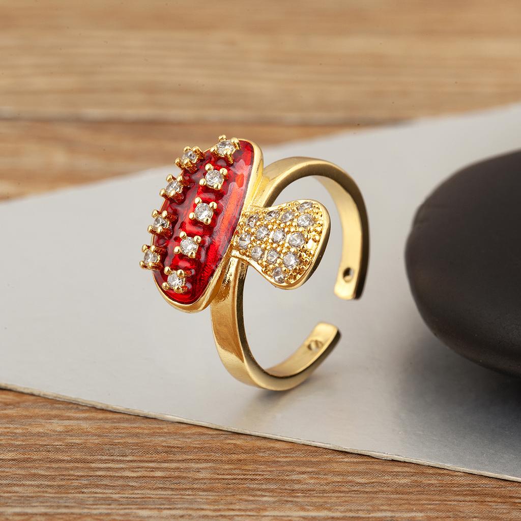 Nidin New Style Mushroom Shape Inlaid Zircon Pearl Enamel Drip Opening Adjustable Rings For Women Girl Cute Sweet Finger Jewelry