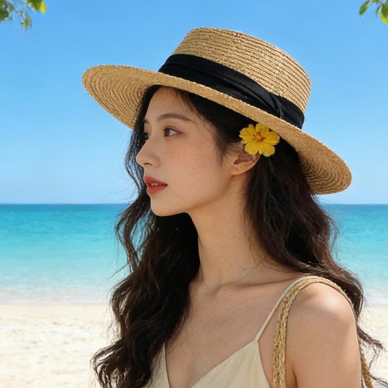 

Straw hat woman sweet versatile seaside sunshade sunscreen bucket hat big eaves show washbasin hat tide M（56-58cm）