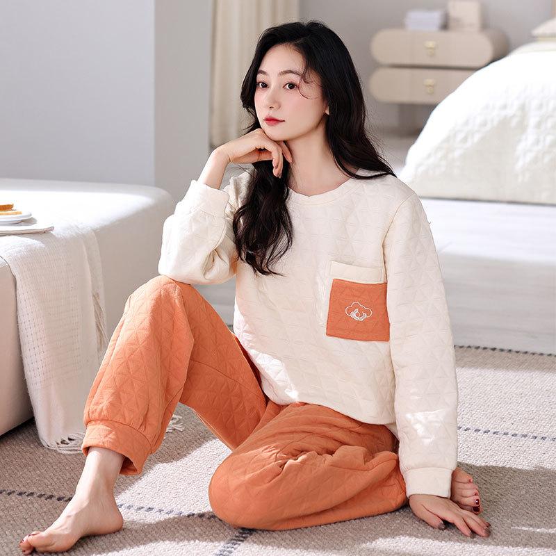 

Пижама из воздушного хлопка женская осенне-зимняя утолщенная из чистого хлопка с длинным рукавом с тонкой хлопковой подкладкой теплая можно носить как домашнюю одежду 2XL