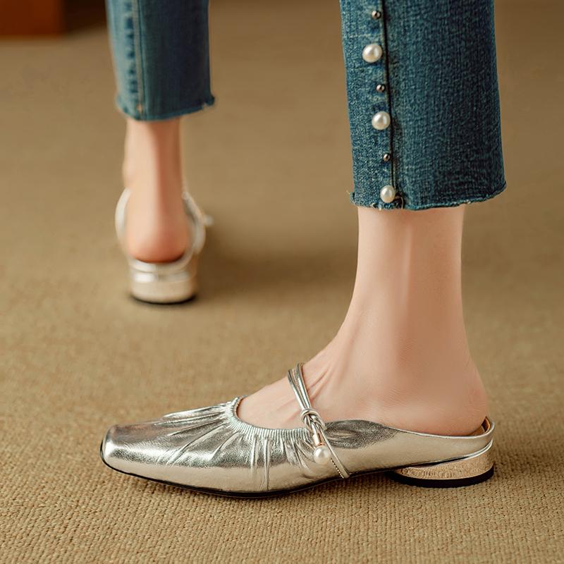 Fashion 2025 Women Slippers Square Toe Low Heel Women Shoes Roman Sliver Women Sandals Gladiator Handmade Ladies Modern Slippers