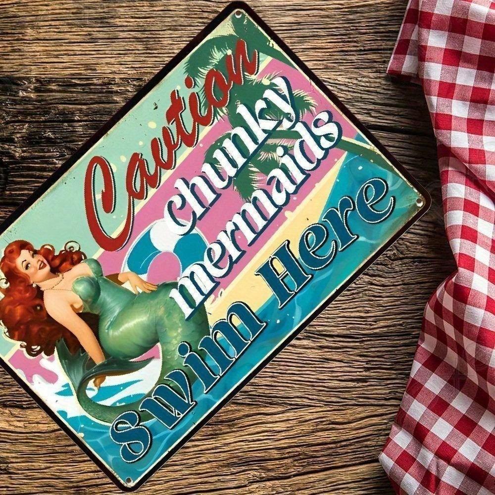 Funny Pool Warning Tin Sign Vintage Mermaid Bathroom Bar Decor
