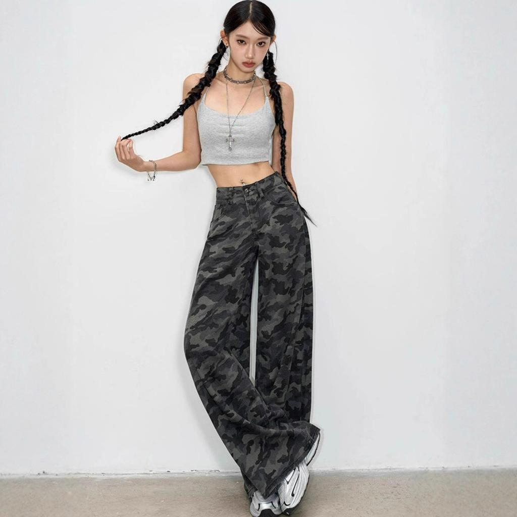 High-waisted Camouflage Workwear Jeans Women's Autumn Wide-legged High-street Loose Straight Casual Trousers Jeans for Women Long Denim Pants