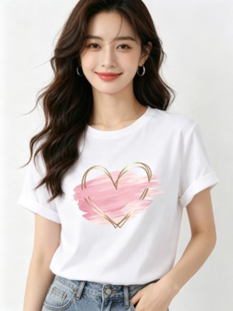 WZM101363Creative heart printed Unisexs round neck summer casual short sleeved street fashion versatile Tshirt