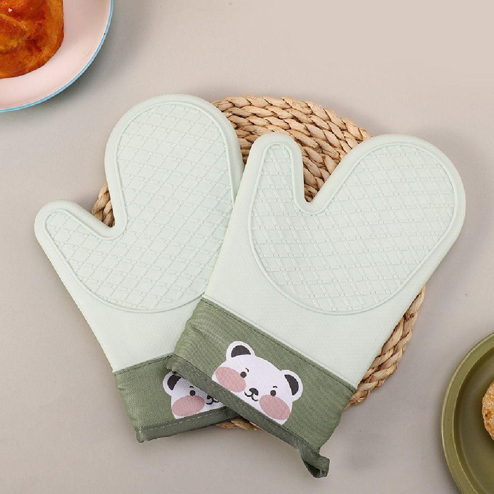 2Pcs Thickened Silicone Insulation Gloves Cartoon Bear Heat Resistant Kitchen Hand Clamps Waterproof Stain-resistant