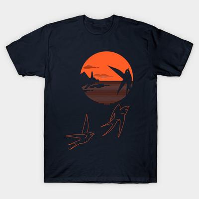 Asian Size Men Print T-shirt Swallow And The Sea No-Cut Heat Transfer Print Cotton Tshirt