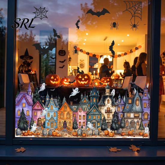 Spooky Party Glass Decor Halloween Window Clings, Pumpkins Skeletons Ghosts And Bats Print Decorative Creative Gift for Decals, Electrostatic
