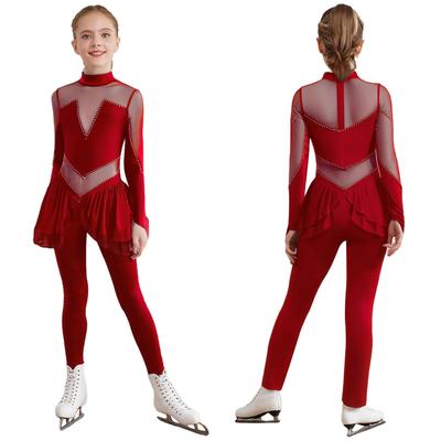Girls Performance Jumpsuit Mock Neck Long Sleeve Design Sheer Mesh Patchwork Shiny Rhinestones Bodysuit