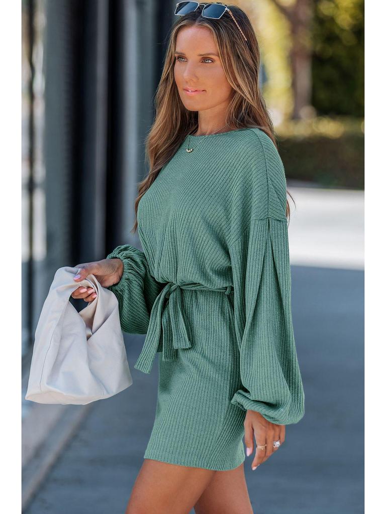 2026 European & American Women's Ribbed Knit Dress with Belt - Long Sleeve, Spring/Autumn Fashion