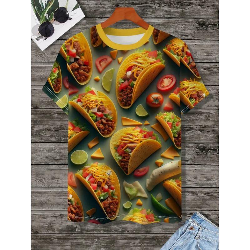 Large Men's French Fries Hamburger Pattern 3D Printed Men's Round Neck Short Sleeved T-shirt Summer Fashion T-shirt Casual Comfortable Versatile Top