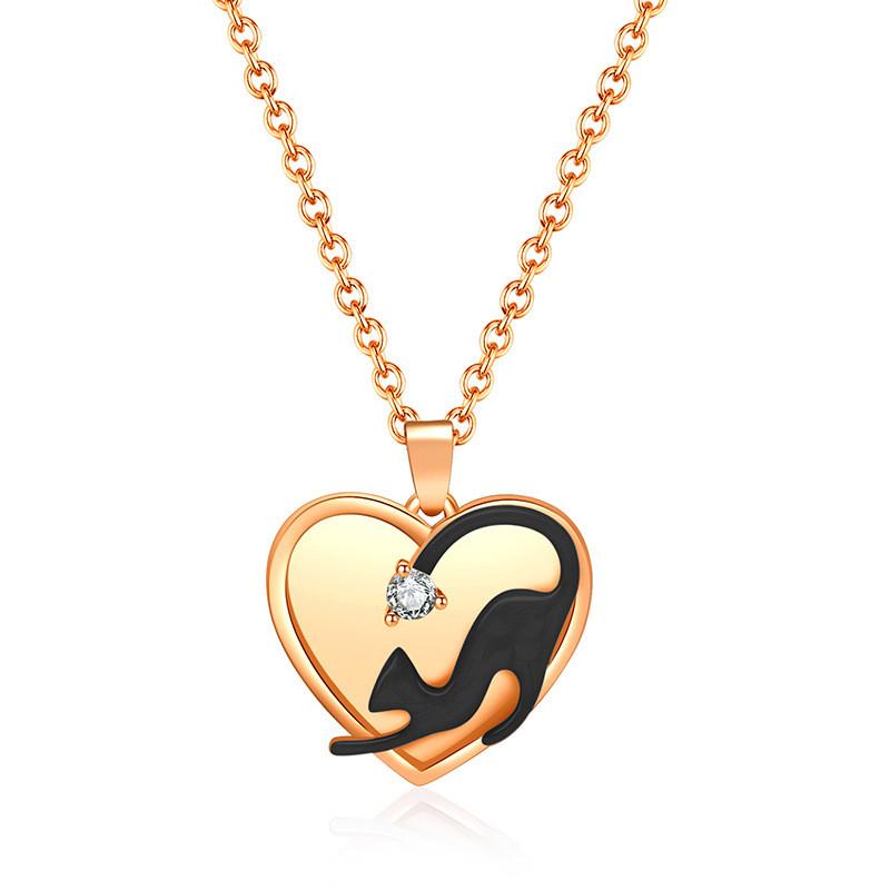 Double Fashionable Layer Heart Cat Pendant Necklace In Sparkling Titanium Steel For Elegant Giving Gift