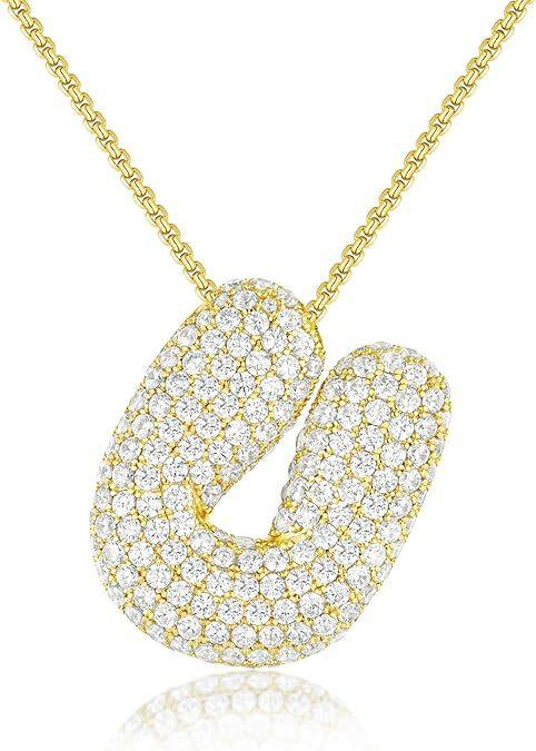 Stainless Steel Bubble Letter Initial Pendant Chunky Women Personality Jewelry Zircon Gold Plated Balloon 26 Letter Necklaces
