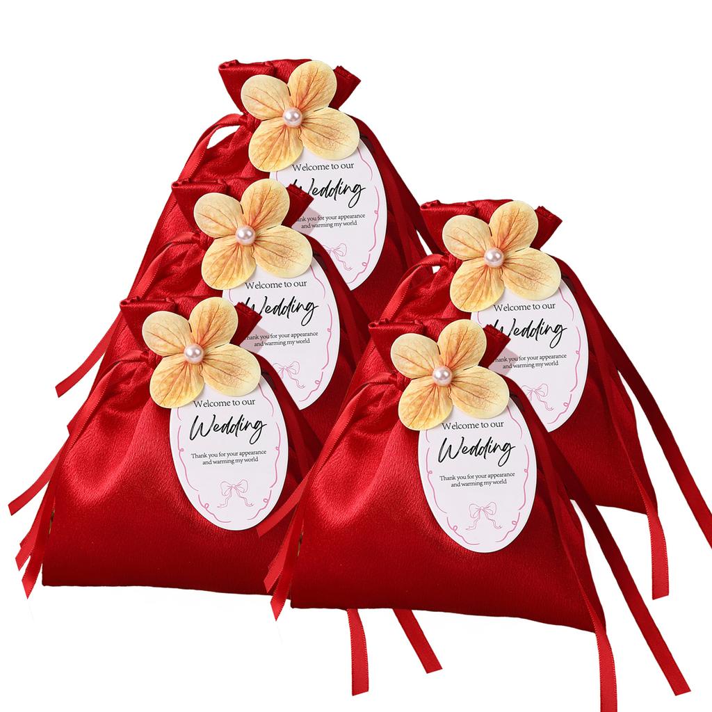 5pcs Exquisite Gift Bags,Solid-Color Satins Drawstring Bag,Flower Bridesmaid Present Candies Bag,Wedding Candies Box For Wedding