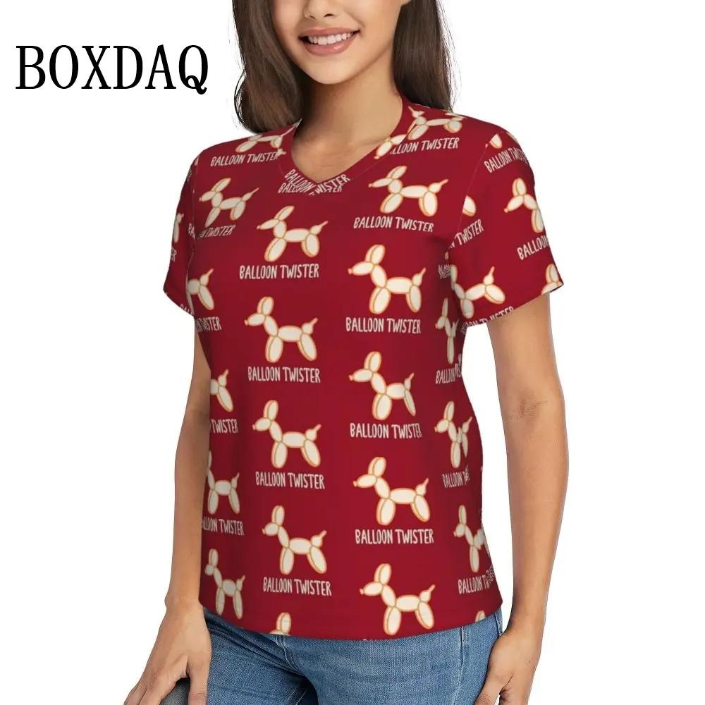 Rainbow Balloon Dogs Print T Shirt Female Summer V-Neck T Shirts Short Sleeve Street Fashion Shirt Women Cute Graphic Kawaii Top