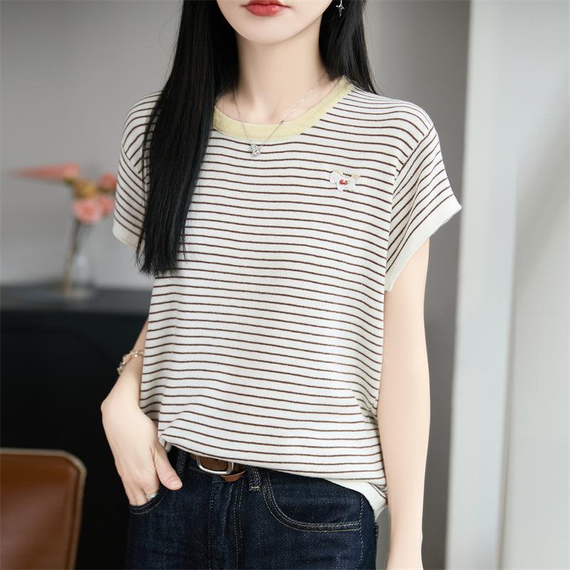 Round-neck Knitted Short-sleeved Women's Summer New Style Multi-color Striped Little Horse Base Layer T-shirt