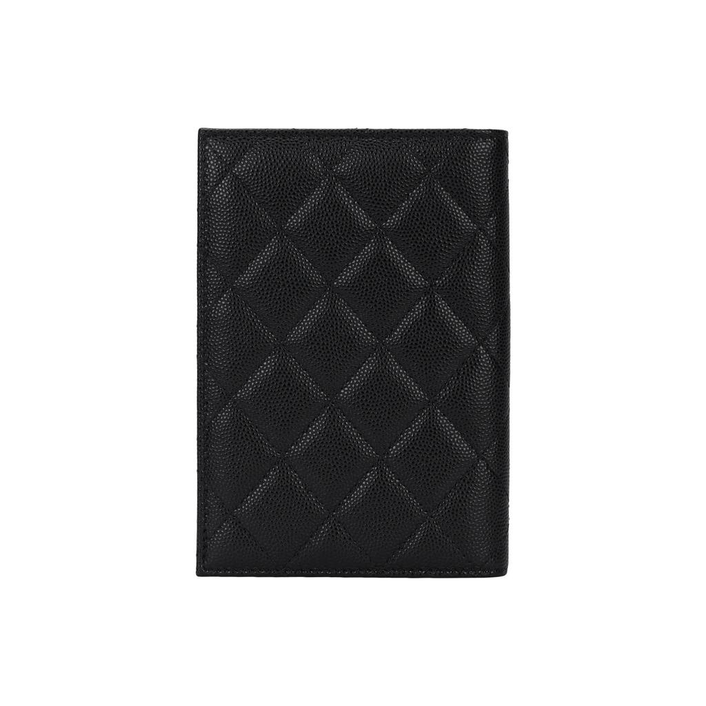 CHANEL 24B brand logo metal logo diamond pattern flip cover opening and closing  lychee grain leather passport clip wallet  black
