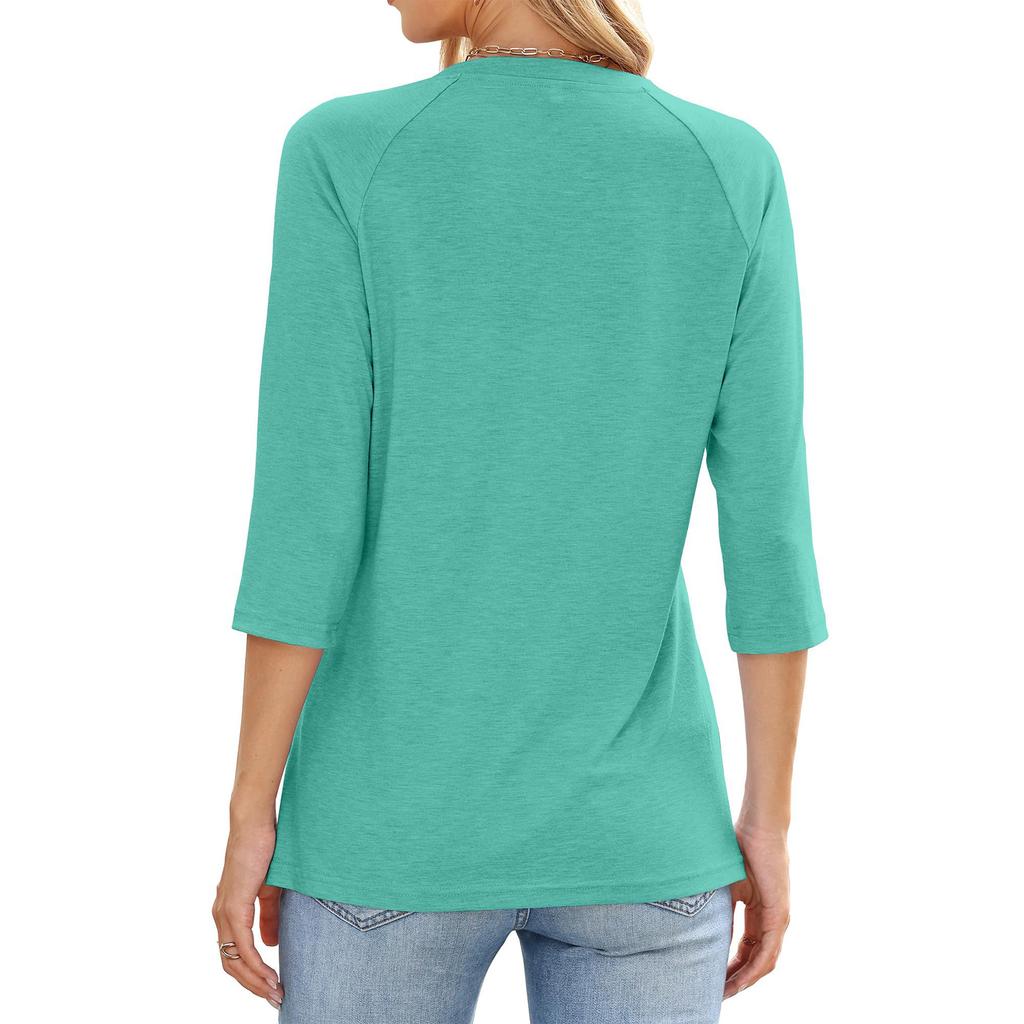 Women's Color Casual Fashion Round Neck Button Seven Quarter Sleeve Top