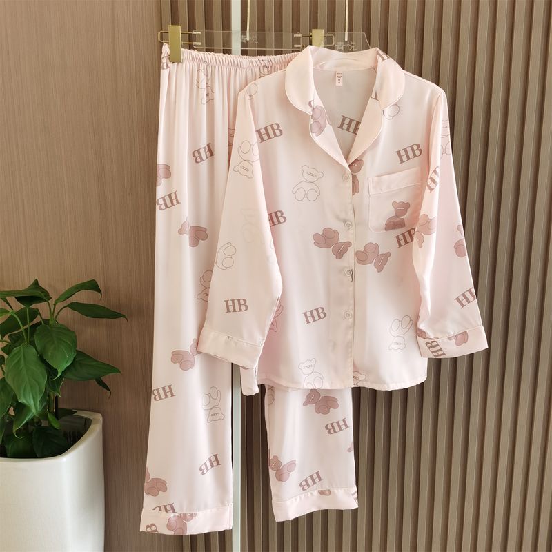 

Silk Pajamas Women s Summer 2023 New Arrival Spring and Autumn Long Sleeves Pants Fancy Loose Outerwear Homewear Suit Pink XL