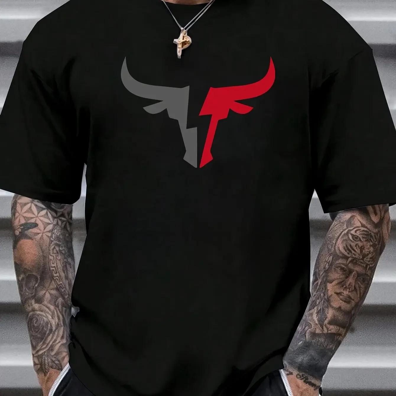 

Летняя мужская футболка из 100% хлопка, удобная, повседневная, свободного кроя, плюс принт с рисунком быка, спортивный топ с круглым вырезом и короткими рукавами#Цвет XXXXXL чёрный