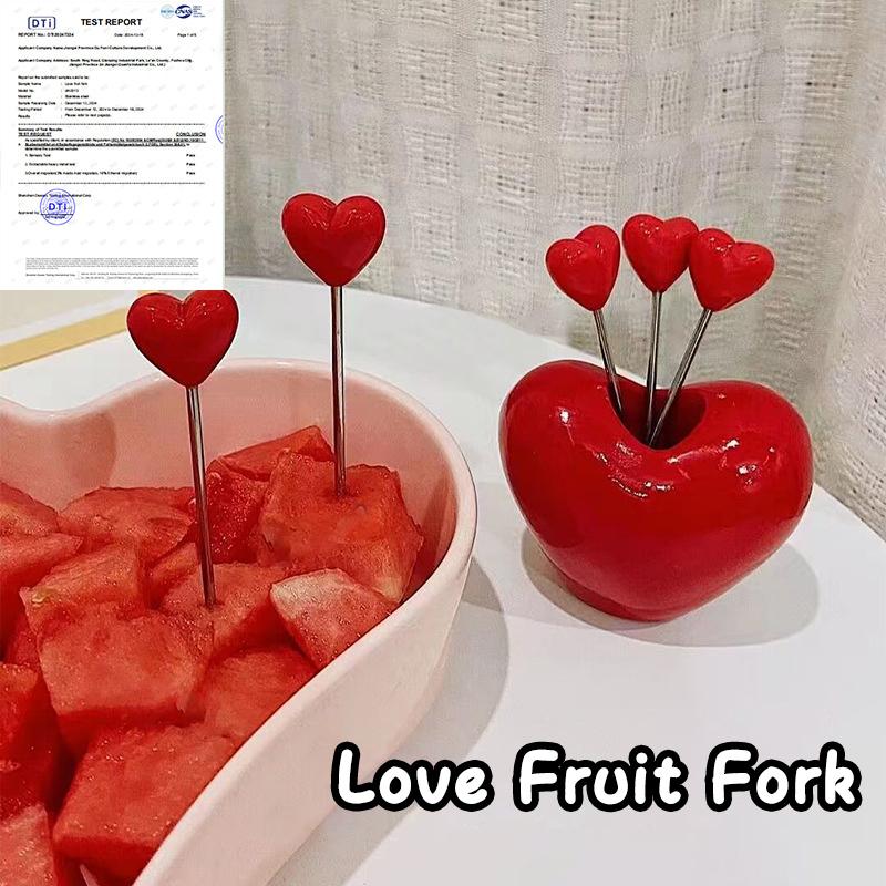 10 Stück Kreative Liebe Obstgabel mit Halter Niedliche Herzform Edelstahl Wiederverwendbare Metallspieße für Obst, Dessert, Vorspeisen