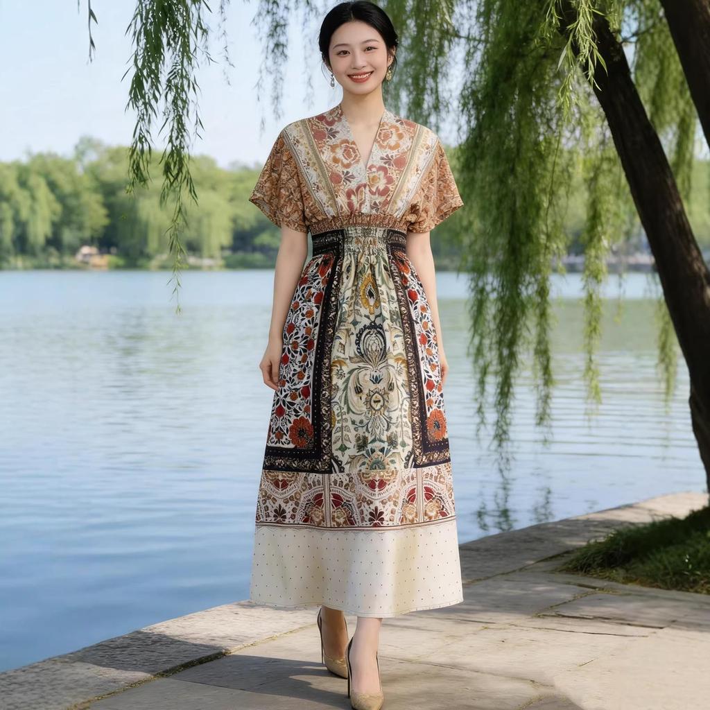 2026 V-neck Digital Print High-waist Batwing Sleeve Beach Dress - Southeast Asian Cotton Silk