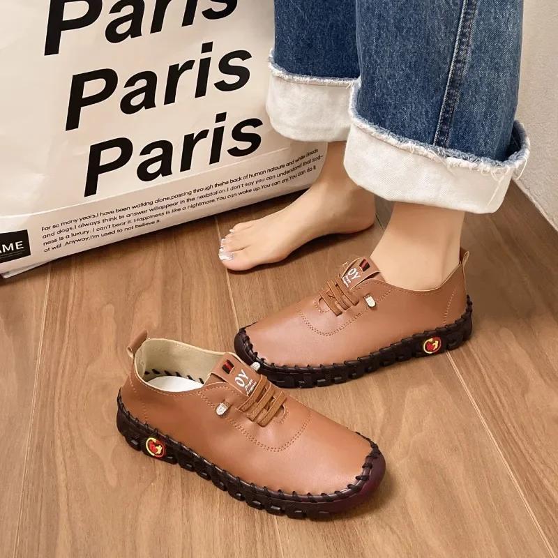 Women's Sneakers Wear Resistant  Spring New Casual Comfortable Platform Loafers Lace-Up Leather Flats Slip-On Ladies Shoes