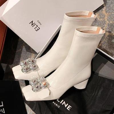 Fashion Women's Fashion Chunky Single Boots Fall New Square Head Rhinestones After Zipper Temperament Short Boots