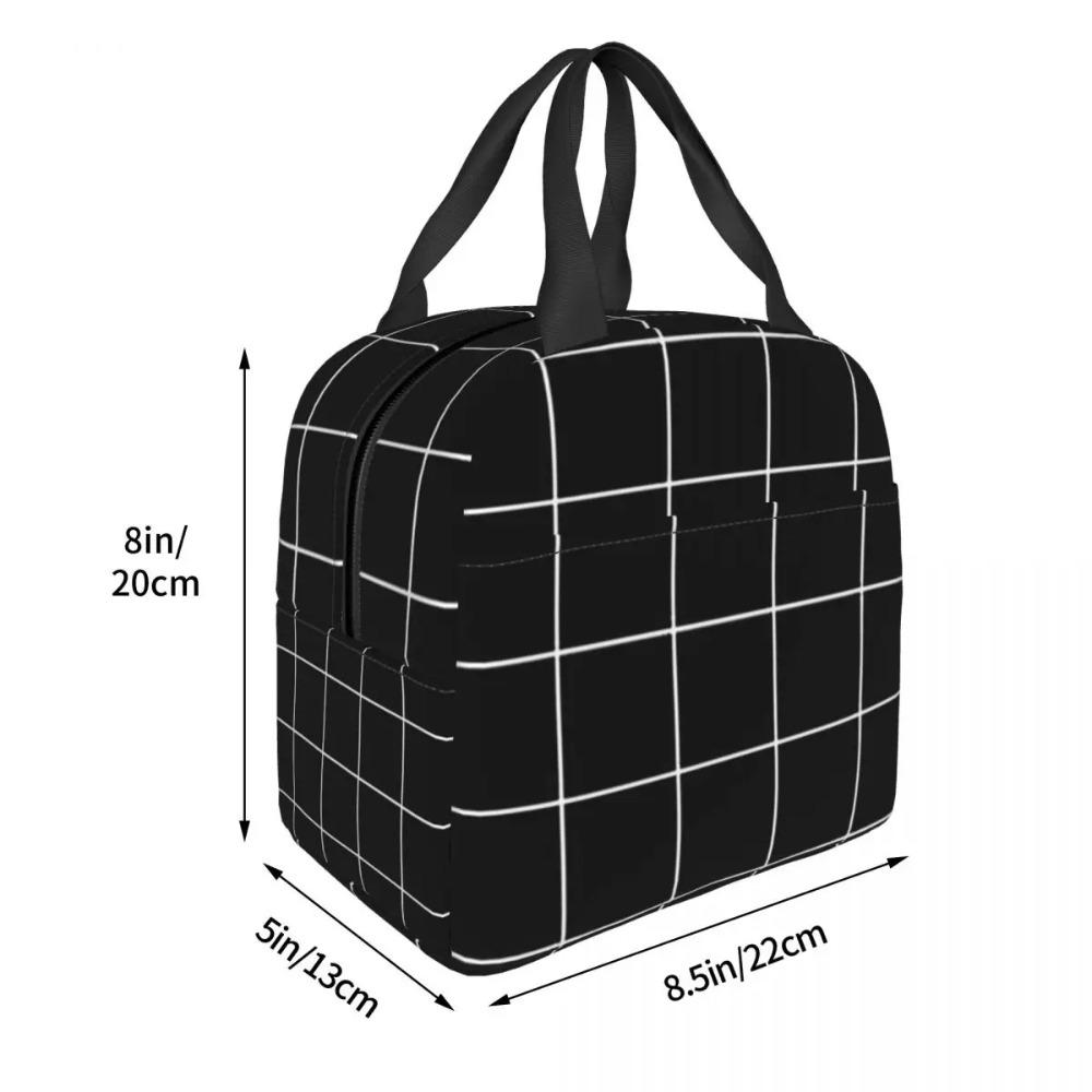 Black Checkered Insulated Lunch Bag for Women Kids Portable Food Boxes Thermal Lunch Box Tote