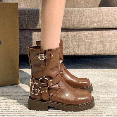 Women's Vanitee Ankle Boot Mid Calf Boots Square Toe Motorcycle Riding Combat Booties with Buckles for Women Fall Biker Boots with Low Chunky Heel