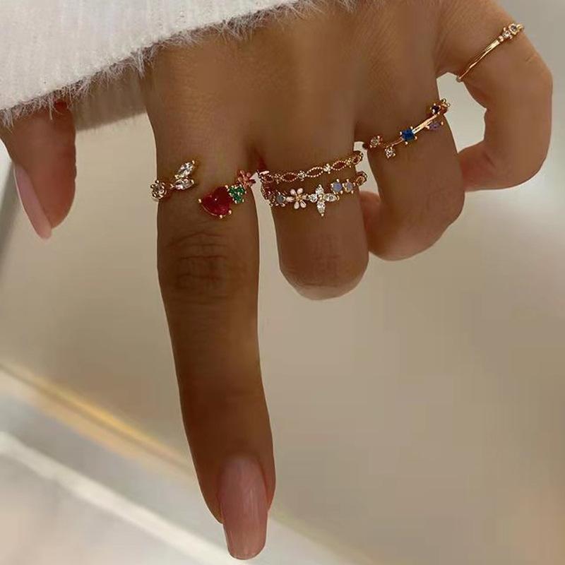 Open Gold Plated Flower Ring Set Alloy Jewelry Niche Diamond Set Pair Ring Women's Diamond