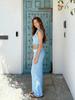 Stylish Blue Crochet Knit Tank Top Maxi Skirt Set Womens Two Piece Beach Cover Up K68