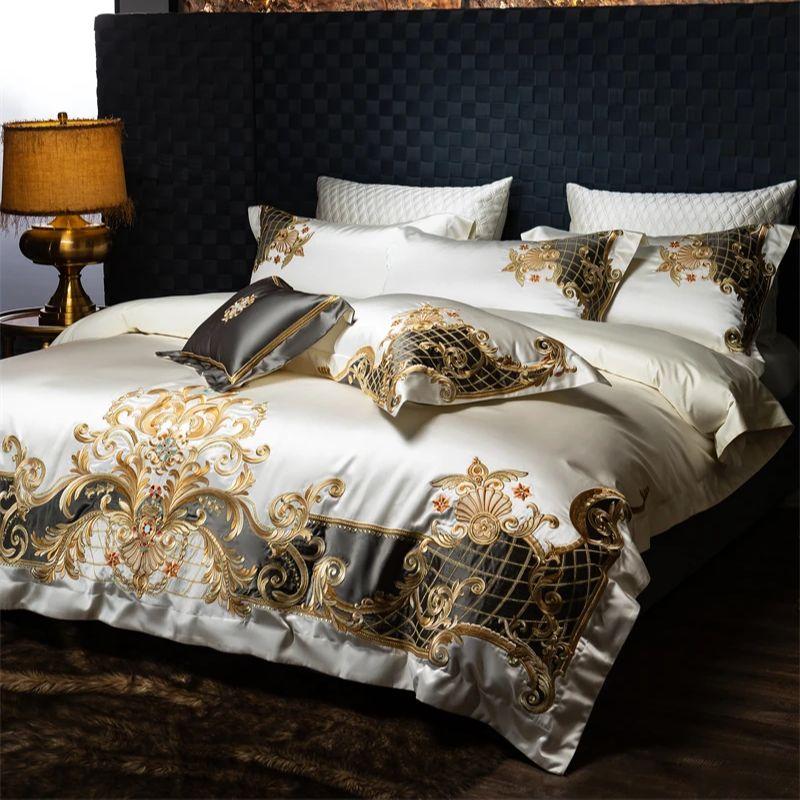 4/6/7Pcs European Luxury Gold Embroidery Satin 1000TC Egyptian Cotton Bedding Set Soft Silky Duvet Cover Bed Sheet Pillowcases