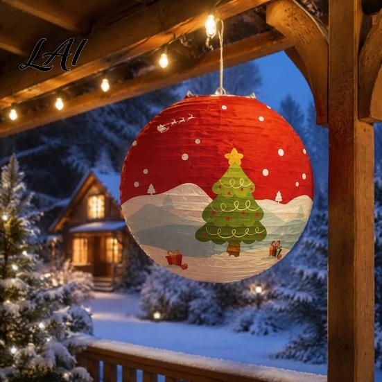 Sturdy Metal Frame Paper Lanterns Christmas Lantern Cute Gingerbread Man Snowman Elk Pattern Ceiling Hanging Collapsible Decorative 12 Inch