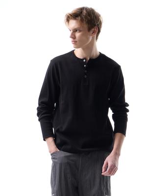 LEARVE Titan Snap Henley Neck T-Shirt Black