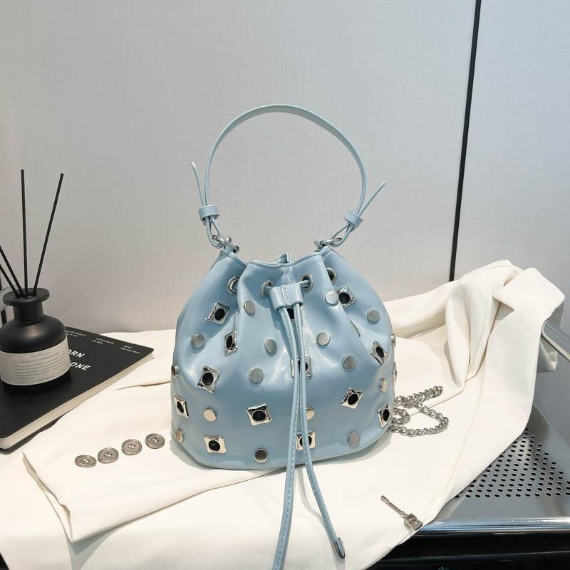 Fashion Rivet Bucket Bags for Women Handbag Hollow Studded Shoulder Crossbody Bag NEW Luxury PU Leather Clutch Ladies Purses