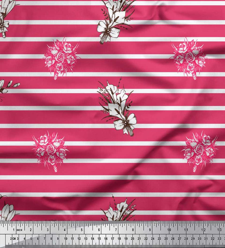 Soimoi Pink Japan Crepe Satin Fabric Stripe & Rose Bouquet Floral Fabric Prints By metre 42 Inch