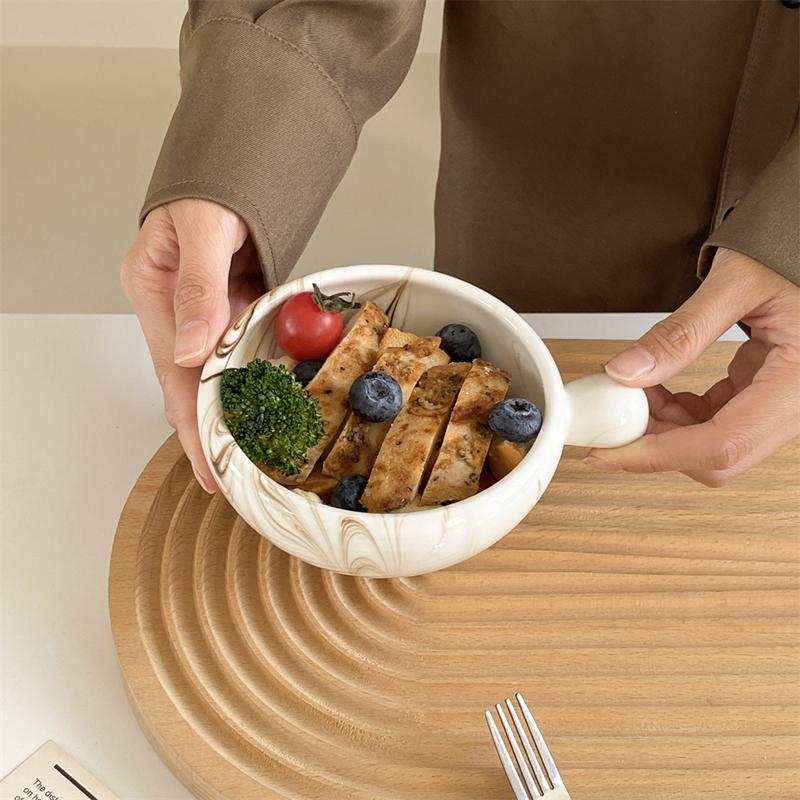 1Pc Creative Patterned Random Ink-Patterned Ceramic Bowl, Round Handle Salad Yogurt Bowl, Exquisite and Elegant Ink-Colored Ice Cream Bowla