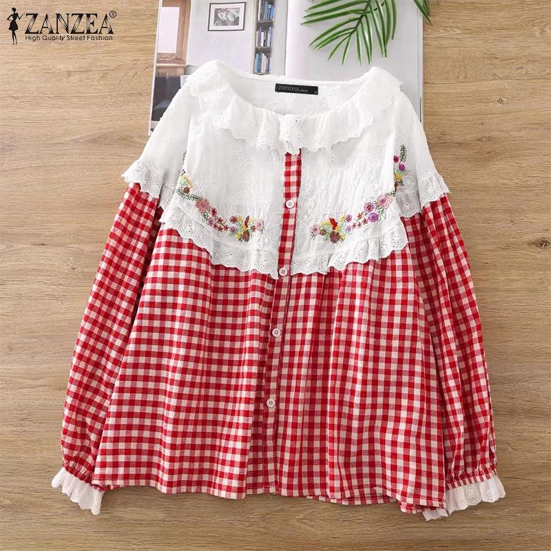 ZANZEA Women Lace Patchwork Casual Long Sleeve Grid Print Blouse
