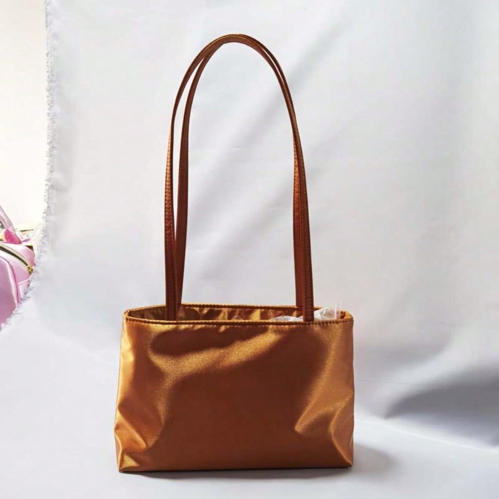 Sac Carré Petit Satiné Bandoulière Portable Sous-Bras Sac Cabas Rétro pour Commuter brown white