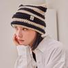 Square Label Stripe Crochet Beanie Black [VARZAR]
