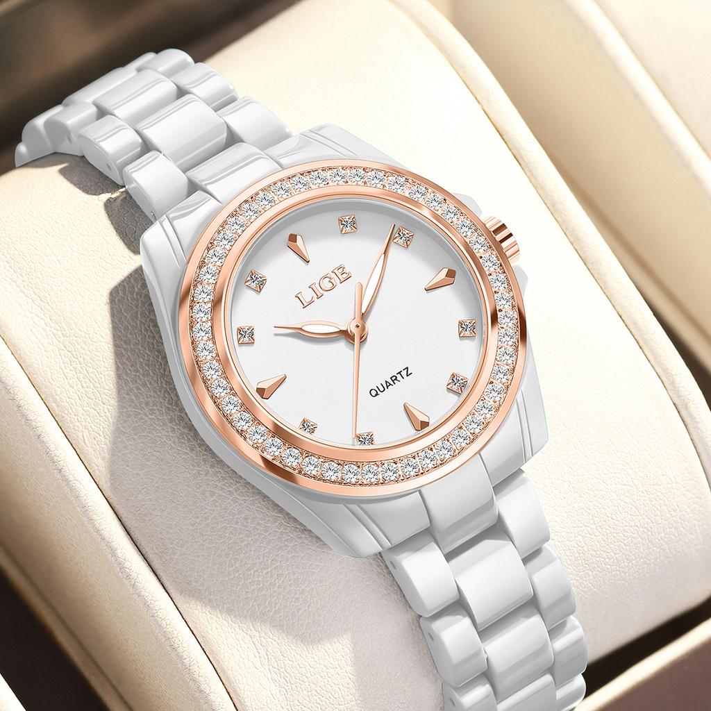 LIGE Women's Watch New Ceramic Elegant Quartz Watch Fashion Waterproof Luminous Clock Women's Wristwatch Montre Femme+BOX